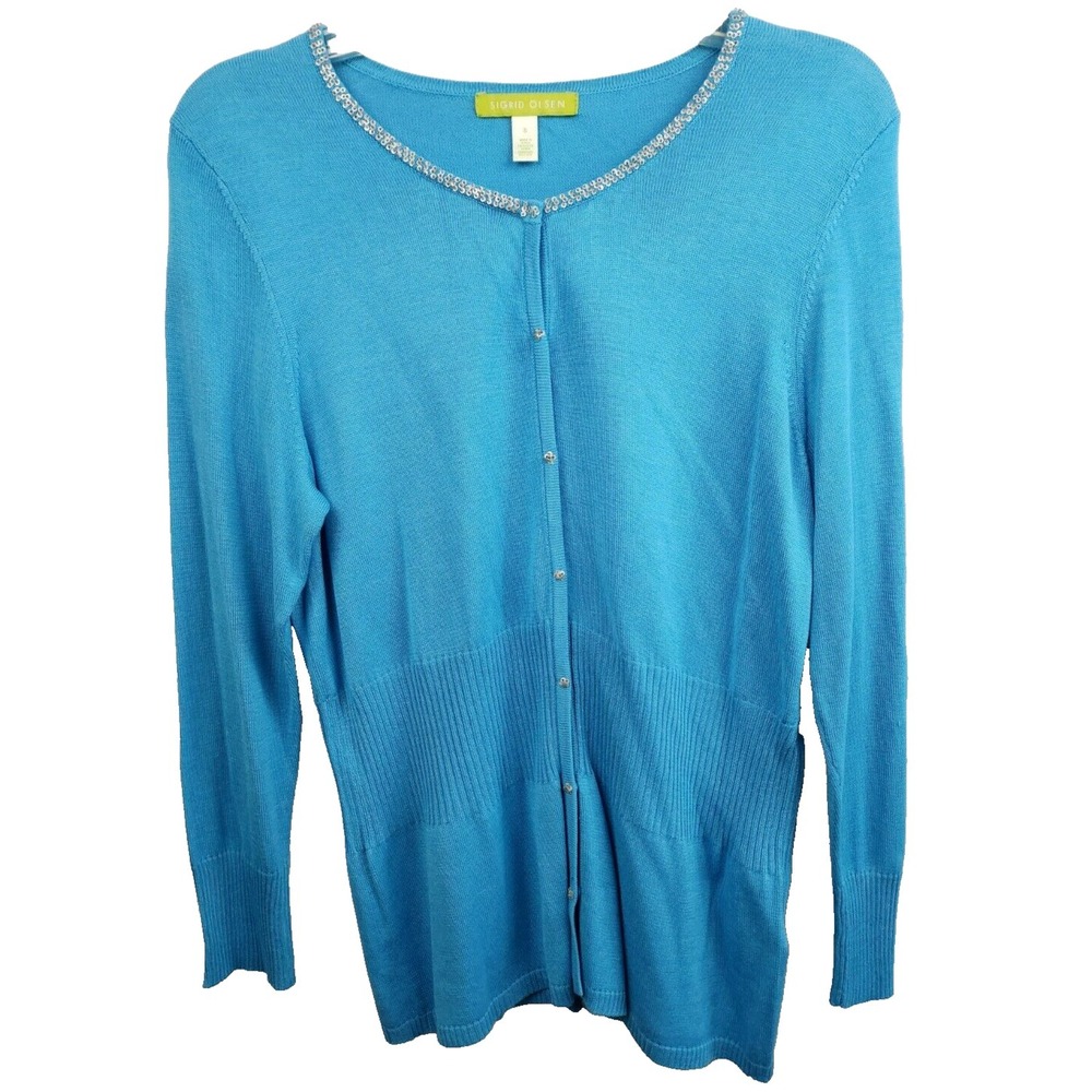 Sigrid Olsen Button Front Cardigan Womens Small Blue Silk Blend Beaded Classic‎